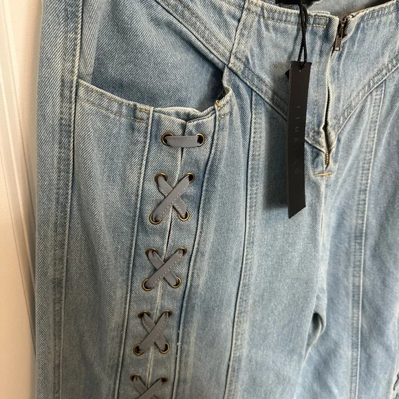 Lioness Daydream Tie Up Jean / Sky Blue Lace-Up Wide Leg Jeans - Picture 4 of 14